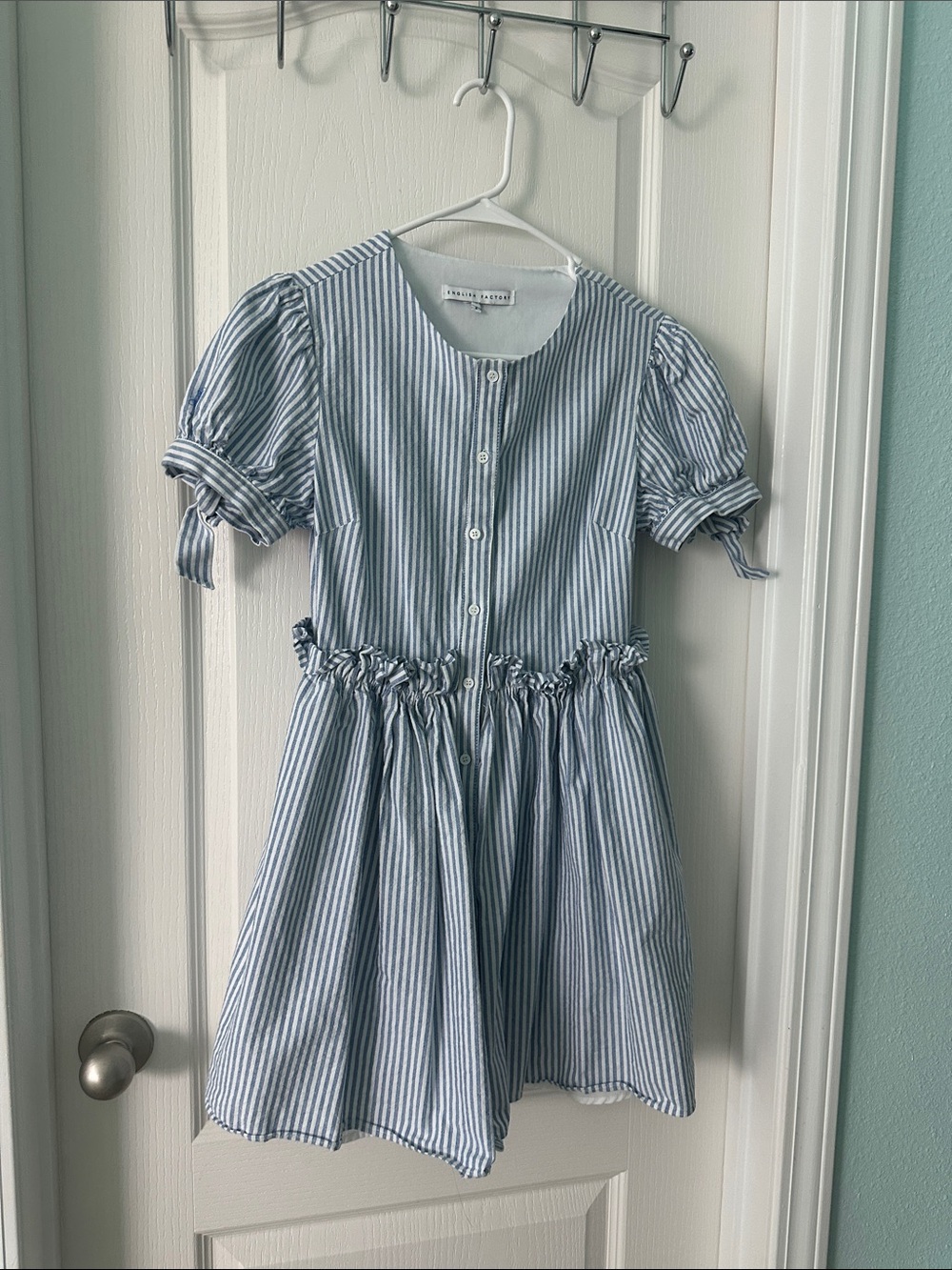 Blue Stripe Puff-Sleeve Dress by English Factory